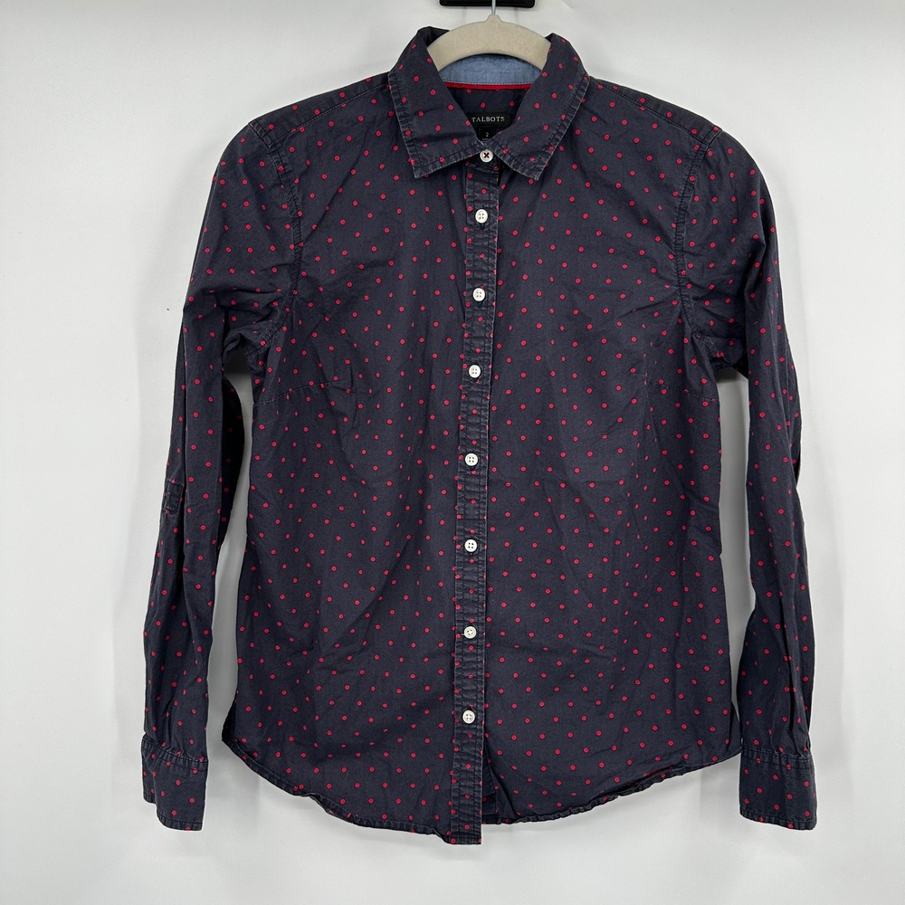 Talbots Womens Navy Blue‎ Red Polka Dot Cotton Button Down Shirt Size 2 Preppy
